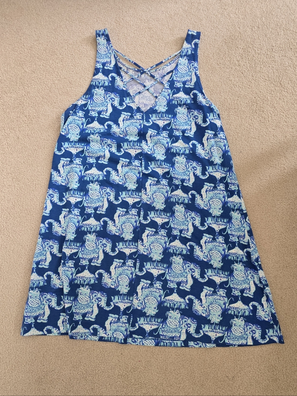 Lilly Pulitzer Blue Elephant Print Crisscross Tank Dress